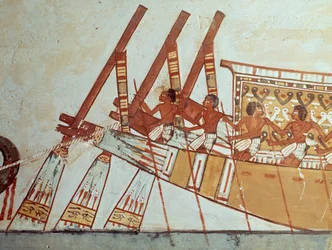 Bedevaart van overledenen naar Abydos, muurschildering, Graf van Menna, ook bekend als Graf TT69, daterend uit de regeerperiode van Thoetmosis IV, Sheikh Abd el-Qurna, Thebe