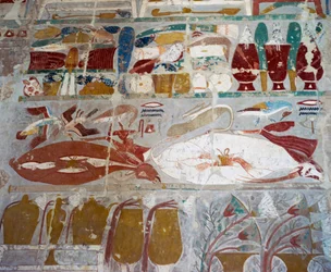 Voorzieningen en aardewerk aangeboden aan de goden door Koningin Hatsjepsoet, geschilderd reliëf, Kapel van Anubis, Dodentempel van Koningin Hatsjepsoet, ook bekend als Djeser-Djeseru, Deir el-Bahri, Thebe