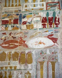 Voorzieningen en aardewerk aangeboden aan goden door Koningin Hatsjepsoet, geschilderd reliëf, Kapel van Anubis, Dodentempel van Koningin Hatsjepsoet, ook bekend als Djeser-Djeseru, Deir el-Bahri, Thebe. Egyptische beschaving, Nieuwe Rijk, Dynastie XVIII