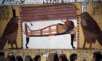 Deponering van de overledene, muurschildering, Tombe van Sennedjem, Vallei der Koningen, Luxor, Thebe (UNESCO Werelderfgoed)