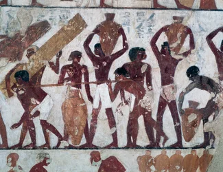 Transport van voedsel naar de magazijnen van de Tempel van Amon, graf van Rekhmire, ook bekend als graf TT100, Sheikh Abd el-Qurna, Thebaanse Necropolis (UNESCO Werelderfgoedlijst)