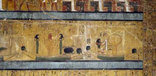 Boten met sistrums, godinnen en scarabee, god met struisvogelveer en maan op doos, fresco uit grote Hypostyle Hal van Tombe van Seti I, Vallei der Koningen, Luxor, Thebe