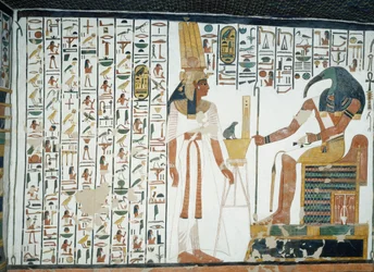 Hoofdstuk 94 van het Dodenboek, Nefertari voor de god Thoth, de ibis-hoofdige schrijver, fresco, noordmuur, oostzijde kamer, Graf van Nefertari (QV66), Vallei der Koninginnen, Thebe. Egyptische beschaving, Nieuwe Rijk, Dynastie XIX.