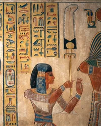 Egypte, Luxor, Oud Thebe, Vallei der Koninginnen. Graf van Amon Khopechef, zoon van Ramses II, prins met waaier