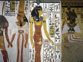 Egypte, Thebe, Luxor, Vallei der Koninginnen, Graf van Nefertari, Vestibule, Muurschilderingen, Harsiesi leidt koningin bij de hand, godin Neith