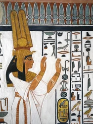 Egypte, Thebe, Luxor, Vallei der Koninginnen, Graf van Nefertari, muurschildering van koningin die dodengebed opzegt in grafkamer uit de 19e dynastie