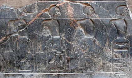 Egyptische oudheid: detail van een reliëf dat de emblemen van de door farao Ramses II veroverde gebieden versiert. Tempel van Luxor. Oostelijke oever (Thebe), Egypte