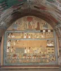 Oogsttafereel op de oostmuur, uit het graf van Sennedjem, het arbeidersdorp, Nieuwe Rijk (muurschildering)