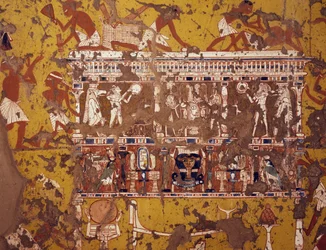 Maken van gebeeldhouwde baar, fresco, graf van beeldhouwer Ipy, Deir el-Medina Thebaanse Necropolis (UNESCO Werelderfgoedlijst)