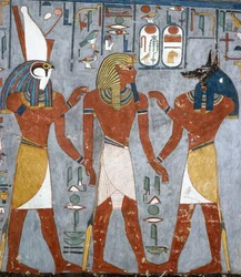 Ramses I tussen Horus en Anubis, fresco, grafkamer, Tombe van Ramses I, Vallei der Koningen, Thebe