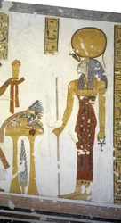 Egypte, Thebe, Luxor, Vallei der Koningen, Graf van Prins Mentuherkhepeshef, muurschildering van de kat-hoofd godin Bastet, 20e dynastie