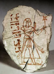Egyptische oudheid: ostrakon (of ostracon) (meervoud: ostraca of ostraka) (potscherf gebruikt voor aantekeningen, tekeningen...) met een prinses uit de Ramessidische periode (19e-20e dynastie). 1100 v.Chr. Turijn, Egyptisch Museum - Oud Egypte: ostrakon