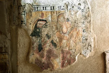 Egyptische oudheid: voorstelling van Shuroy en zijn vrouw in aanbidding. Schildering van het graf van Shuroy (TT13). 20e dynastie. 1190-1077 v.Chr. Necropolis van Dra Abu el-Naga, Westelijke Oever van Luxor, Egypte