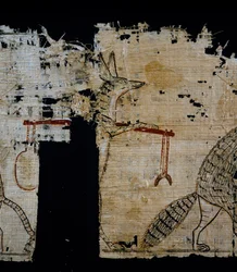 Papyrus met satirische scène, ca. 1100 v.Chr., daterend uit het bewind van Ramses IX, detail, Egyptische beschaving, Nieuwe Rijk, Dynastie XX