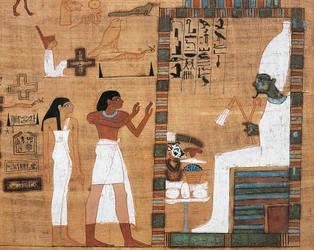 Papyrus die man en vrouw toont voor het hof van Osiris