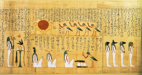 Mythologisch papyrus van Imenemsauf, Hoofddrager van Amon. Detail: hymne aan de zon afgebeeld als twee leeuwen