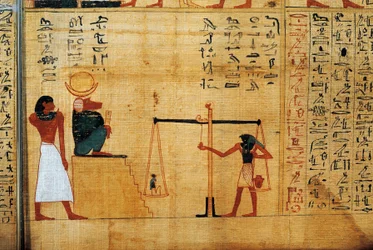 Mythologisch papyrus van Imenemsauf, Hoofddrager van Amon. Detail: wegen van de ziel voor de baviaangod Thoth