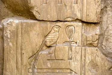 Egyptische oudheid: cartouche van Ankh-Hor. Graf van Ankh-Hor (TT414) (26e dynastie, 672-525 v.Chr.), Luxor (Thebe), Egypte