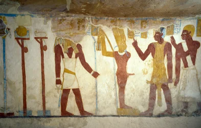 Muurschilderingen uit het graf van Pa Nentwy, Bahariya Oasis, Gizeh, Egypte Egyptische beschaving, 26e Dynastie, 663-525 v.Chr.
