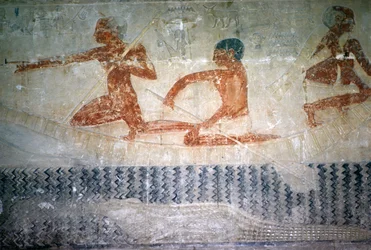 Vissers en een krokodil van de noordmuur van de Mastaba-kapel van Ti