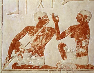 Geschilderd reliëf met een fluitspeler en een zanger bij een begrafenisbanket, uit het graf van Nenkhefetka, Saqqarah, Oude Koninkrijk, ca. 2400 v.Chr.