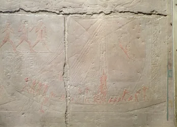 Reliëf dat een bootreis uitbeeldt, uit de Mastaba van Akhethotep, Oude Koninkrijk, ca. 2400 v.Chr. (beschilderd kalksteen)