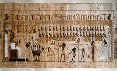 Egyptische oudheid: het wegen van de zielen (psychostase). Papyrus uit het Dodenboek. Turijn, Egyptisch Museum