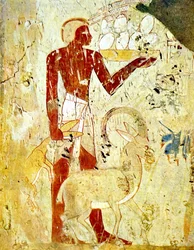 Egyptische grafmuurschildering die dierenoffers afbeeldt