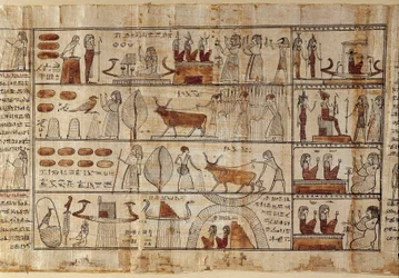 Egyptische oudheden: de Elyseese velden. Schilderij op papyrus uit het Dodenboek. Ptolemaeïsche periode. Egyptisch museum, Turijn