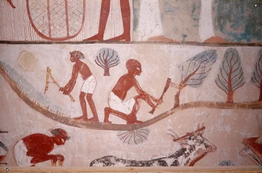 Scène van landbouw (maaien en hout hakken), uit het graf van Schrijver Menna, Egypte, Sheikh Abd el-Qurna, Vallei der Edelen