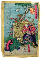 Militair commandant Doukan Mochisuke Oota in Japans Kerria bloemendorp, ca. 1875 (ingekleurd houtblok op Japans papier)