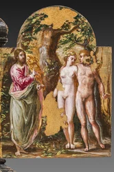 Draagbaar altaar achterkant: Adam en Eva tegenover de Eeuwige Vader (detail)