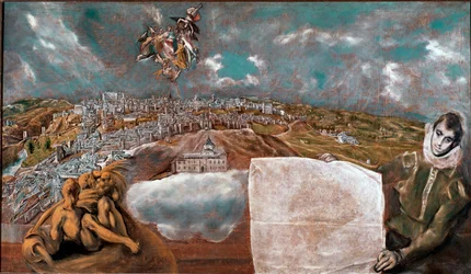 Gezicht op de stad Toledo in Spanje en het vlakke land eronder. Schilderij door Domenikos Theotokopoulos, bekend als El Greco (1541-1614) 1608-1614. Dim. 132x228 cm. Toledo, Museum van El Greco