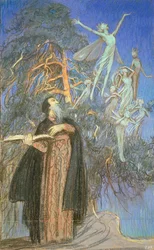 Prospero en Ariel, een studie voor een verloren schilderij in opdracht van Broadcasting House, Londen, c.1931