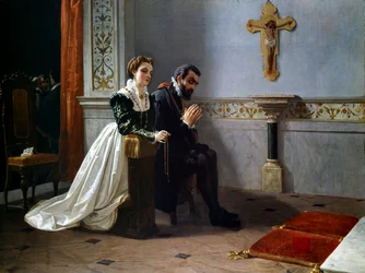 Bianca Cappello en Francesco I de Medici bidden voor een crucifix (olieverf op doek)