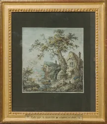 Landschaft mit Bauernhof oder Hütten bei der Eiche