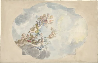 Ontwerp voor een plafondschildering met putti, bloemen en guirlandes