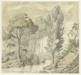 Boslandschap met rechts een heuvel en in het midden water