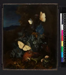 Stilleven met een distel, boleten, slak, hagedis, vlinders en een bij in een landschap (olieverf op doek)