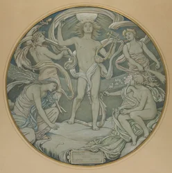 Cartoon voor het midden van het Huntington-plafond: Apollo en begeleiders