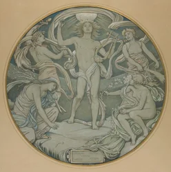 Kartontekening voor de middencirkel van het Huntington-plafond: Apollo en zijn gevolg
