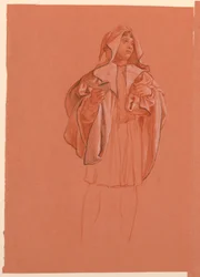 Tekening, studie van een figuur in een kostuum met capuchon, ca. 1885