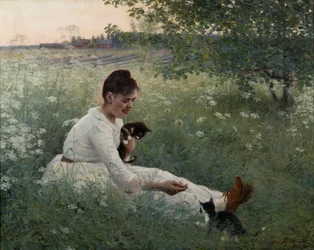 Meisje met katten in een zomers landschap