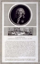 Calonne, controleur-generaal van financiën in 1787, portret gegraveerd door Charles Levachez, met een scène van de vergadering van de notabelen door Jean Duplessis-Bertaux, ca. 1803