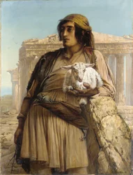 Een herdersjongen staande voor het Parthenon