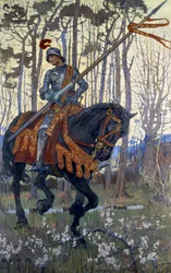 Een ridder in harnas reist door het bos, illustratie uit 