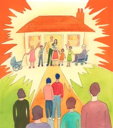 Een christelijk huwelijk, geleefd zoals het geleefd moet worden, is als een lamp op een heuvel, voor de samenleving; een sacramentele verbintenis vol genade, 2005 (aquarel op papier)