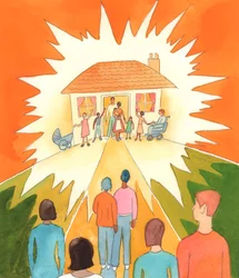 Een christelijk huwelijk, geleefd zoals het geleefd moet worden, is als een lamp op een heuvel, voor de samenleving; een sacramentele verbintenis vol genade, 2005 (aquarel op papier)
