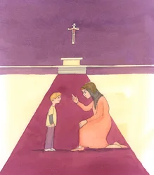 Een liefdadig persoon leert kinderen hoe ze zich moeten gedragen in Gods huis en hoe ze moeten bidden; en ze helpt hen daarom innerlijke rust te vinden in de aanwezigheid van hun Verlosser, 2005 (aquarel op papier)