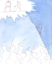 Een persoon in doodzonde die weigert zijn slechte manieren op te geven is halverwege de trappen die naar de hel leiden, 2005 (aquarel op papier)